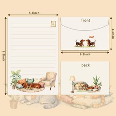 72 Pieces Cute Cat and Dog Writing Paper Envelopes, Half letter Beige