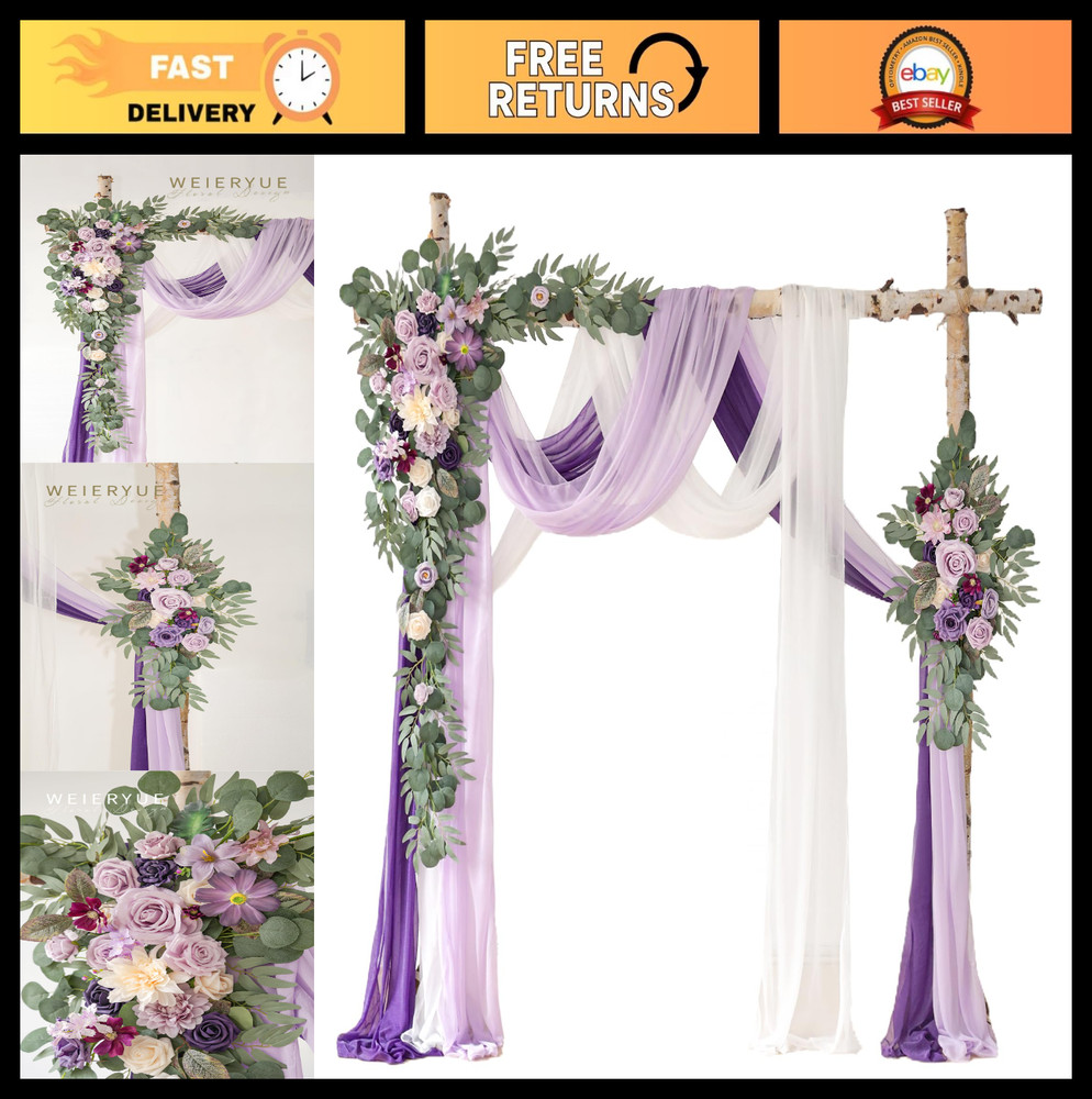 Deluxe Purple Wedding Arch Flowers Kit with Drapes – 5pcs Floral Arrangements &