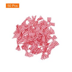 50Pcs Mini Gingham Ribbon Bow 1.5″ Checkered Fabric Satin Red and White