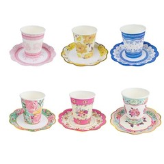 24 Assorted Floral Paper Cups Saucers Set Party Events Tableware Decorations