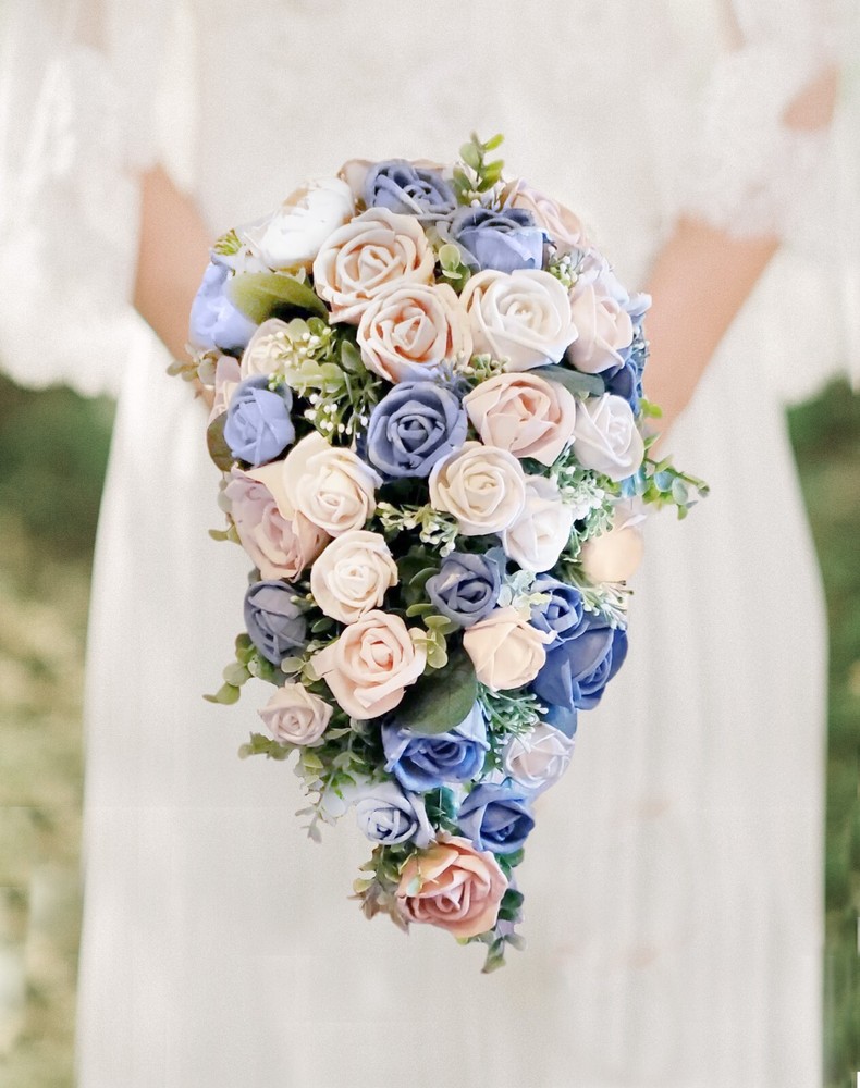 Pink Dusty Blue Rose Cascade Bridal Bouquet Eucalyptus Sola Wood Wedding Flowers