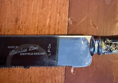 Vintage Sheffield England 24KT Gold Plated Serrated Knife w/ Box Ornate Handle!