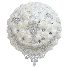 7″ Bouquet Luxury White Red Bride Wedding Ribbon Brooch Pearl Satin Rose Decor