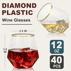 PCS Diamond Stemless Plastic Wine Whiskey Glasses, 12 Oz 40 Clear and Gold
