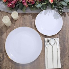 WHITE 10 Glossy 10″ Round Plastic Salad PLATES Gold Rim Party Events Decorations