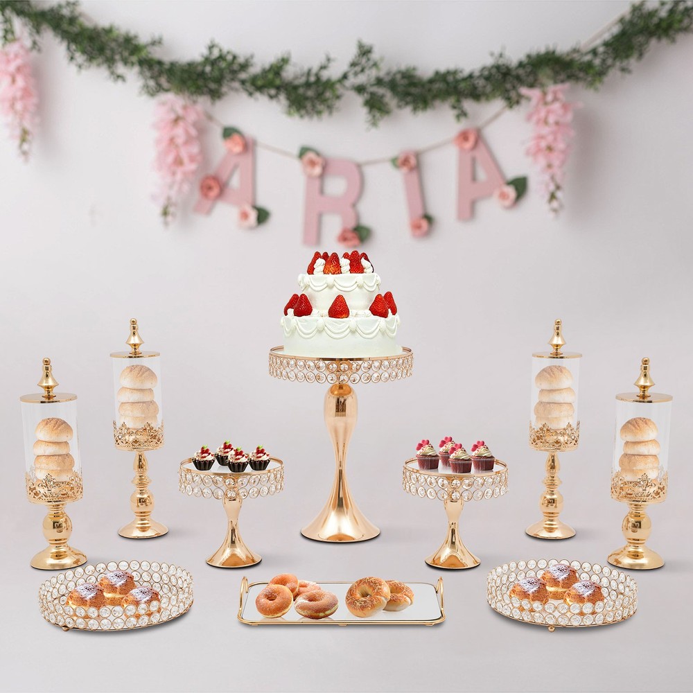 10Pcs Gold Iron Crystal Acrylic Cake Stand Set for Display and Decoration
