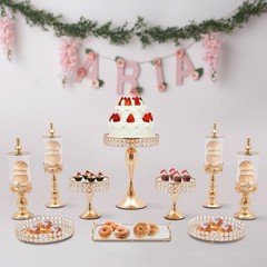 10Pcs Gold Iron Crystal Acrylic Cake Stand Set for Display and Decoration