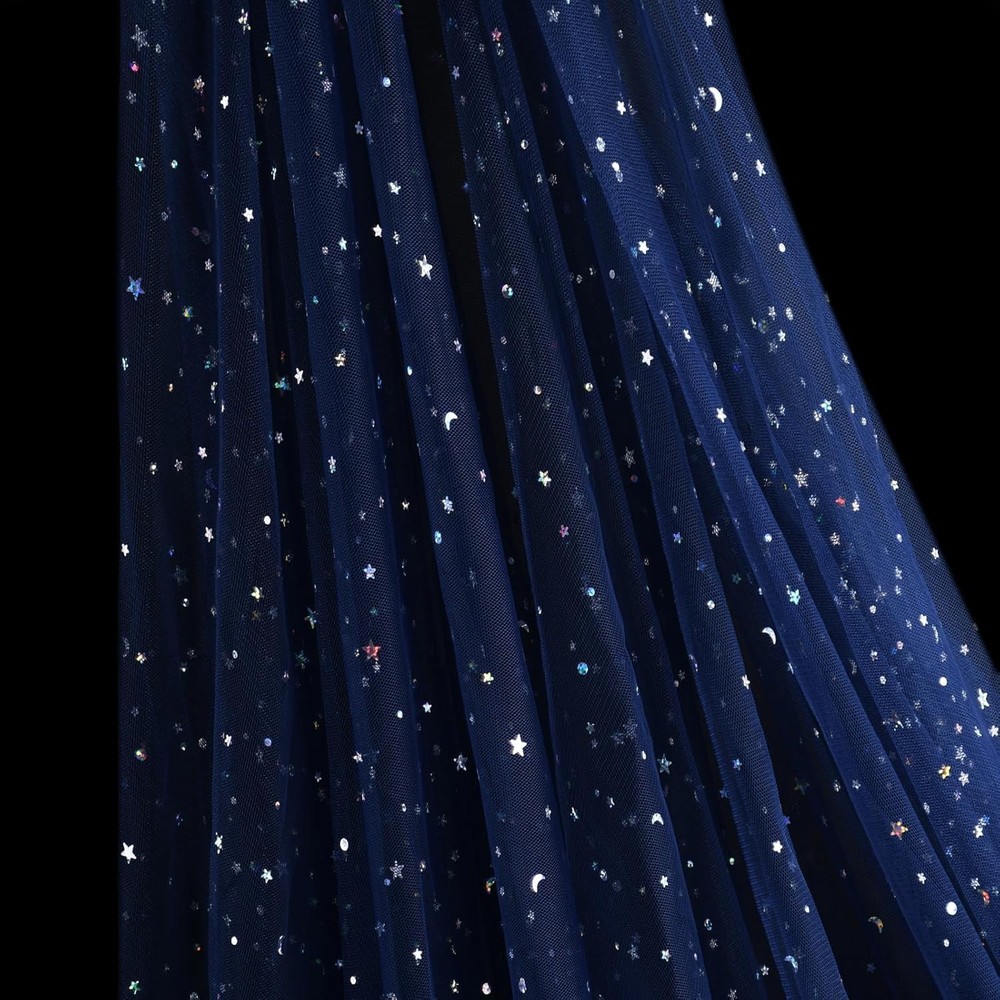 54 Inch x 8 Yards Glitter Tulle Fabric Rolls Laser Stars and Moon Tulle Rolls fo