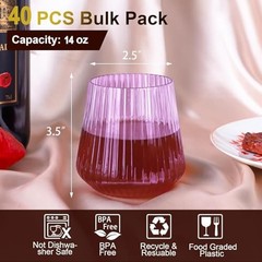 Lueumxc 40 Pack Plastic Ribbed Wine Glasses, 14Oz Origami 14oz-purple-40pack