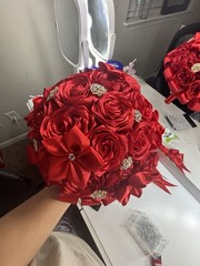 Red Artificial Rose Flower Bouquet, Satin Ribbon & Rhinestone Accents, 8×8″