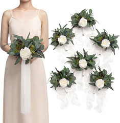 Artificial Bridesmaid Bouquets Set of 6 Eucalyptus Wedding Flower Bouquets White