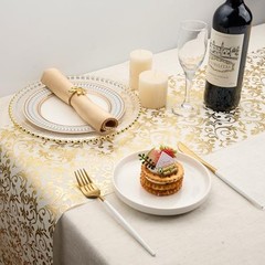 2 PCS Table Runner, Glitter Metallic Printed Rattan White Gold Table Gold White
