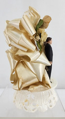 1950’s Wedding Cake Topper Bride & Groom Ribbon Leaves on Plastic Stand