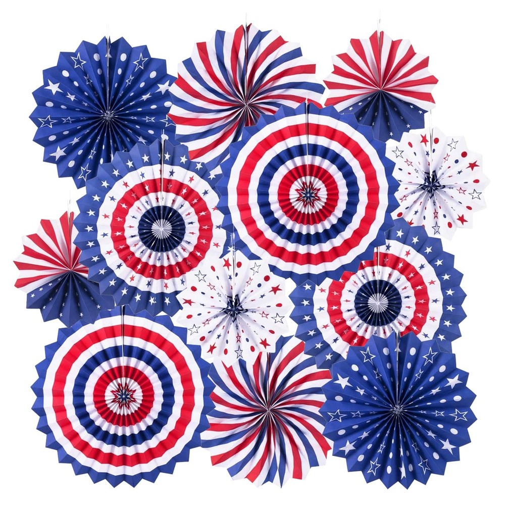 4th of July Patriotic Decorations Hanging Paper Fans Red White Blue