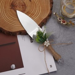 Elegant Silver Serrated Wedding Cake Knife and Serving Shovel with Green Leaf