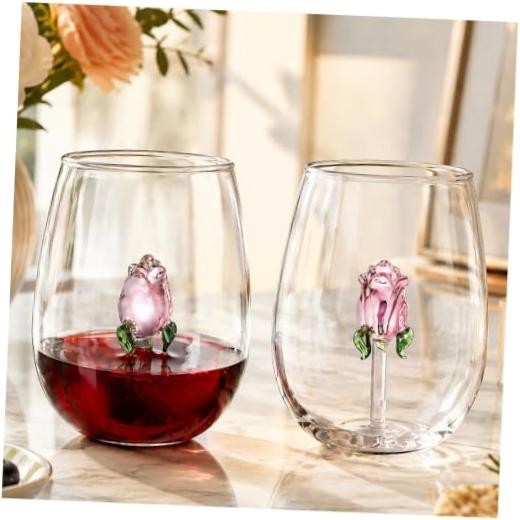 Set of 2 Stemless Wine Glassware with Rose Inside, 20 OZ Large Stemless