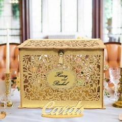 Gold Wedding Card Box with Lock Glitter Wooden Gift Card Holder for Reception