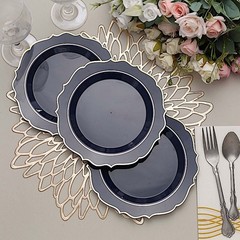 10 NAVY BLUE 8″ Round Plastic Dinner Plates GOLD Scalloped Rim Events Wedding