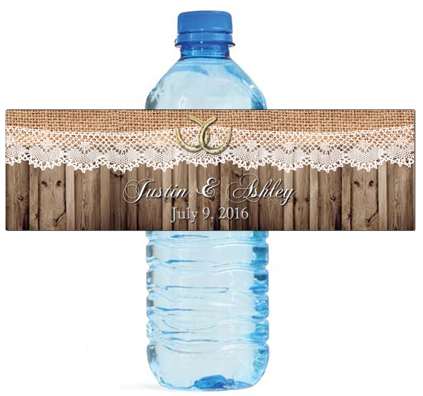 100 Country Burlap Lace Horseshoe Wedding Water Bottle Labels Engagement Bridal
