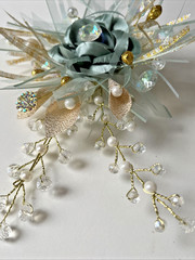 Bridal Wedding Bouquet Sea Foam Green Pearls Floral Embellished & Corsage