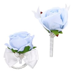 2Pcs Wrist Corsage Boutonnieres Set with White Ribbon, Light Blue
