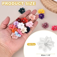 100 Pcs Ribbon Flowers, 1.2 in Fabric Flowers with Rhinestones, White