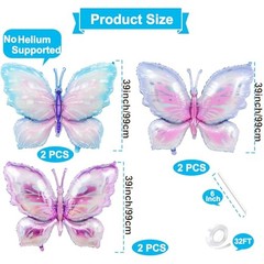 6 Pieces 39 Inches Butterfly Balloons – Large Gradient Butterflies Foil Mylar