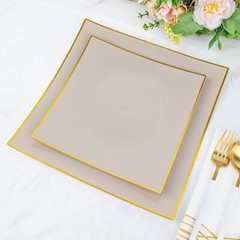 10 TAUPE 8″ Square Concave Plastic Salad Dinner PLATES Gold Rim Party Events