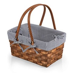 Kansas Handwoven Wood Picnic Basket Navy Blue & White Stripe