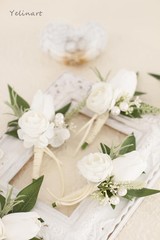 White Artificial Flower Boutonniere for Weddings Rustic Boho Theme 5.5 Inch