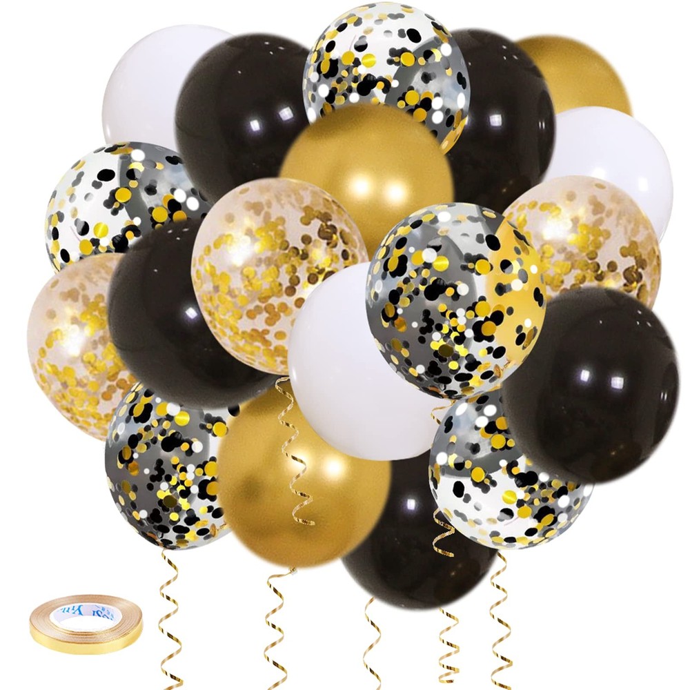 Zesliwy Black Gold Confetti Balloons 12 Inch (Pack of 50), White