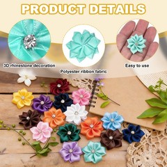 100 Pcs Ribbon Flowers, 1.2 in Fabric Flowers with Rhinestones, Light Green