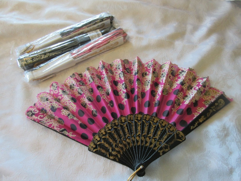 Floral Fabric Folding Plastic Fans Party Wedding Prom Set of 4