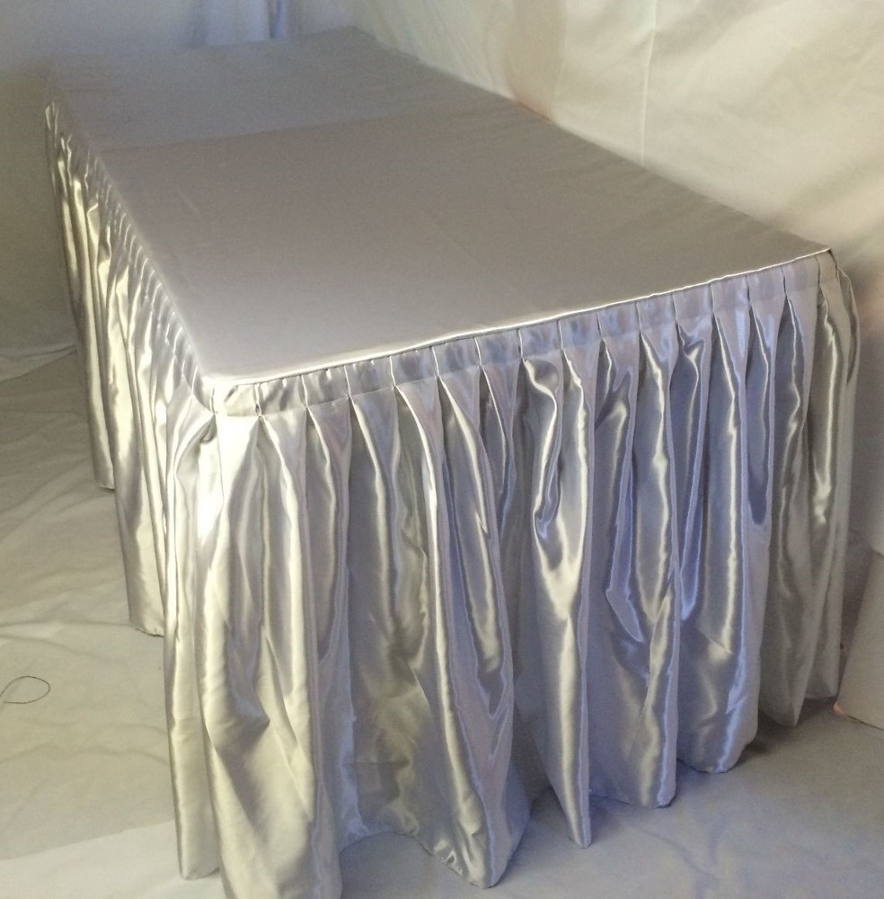 6′ Satin Fitted Double Pleated Table Skirting Cover w/Top Topper ANY EVENT White