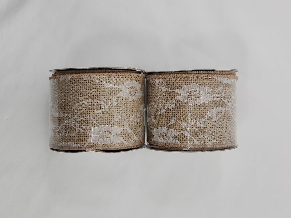 Burlap White Lace Overlay Wired Wedding Bridal Ribbon 2 Pack 2.5in x 5yd