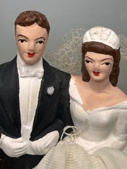 Vintage 1950s Wedding Cake Topper Ceramic Fabric Small Pretty Classic Brunette