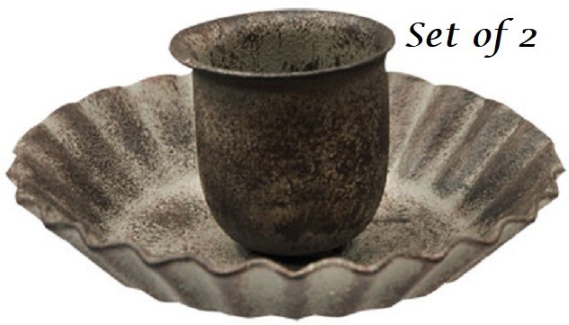 NEW PRIMITIVE Taper Candle Holders GRAY DISTRESSED METAL 2PC Rustic 3″wx1.5″H