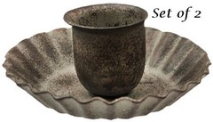 NEW PRIMITIVE Taper Candle Holders GRAY DISTRESSED METAL 2PC Rustic 3″wx1.5″H