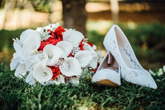 Romantic Red Calla Lily & Rose Bridal Bouquet with Pearls & Diamonds