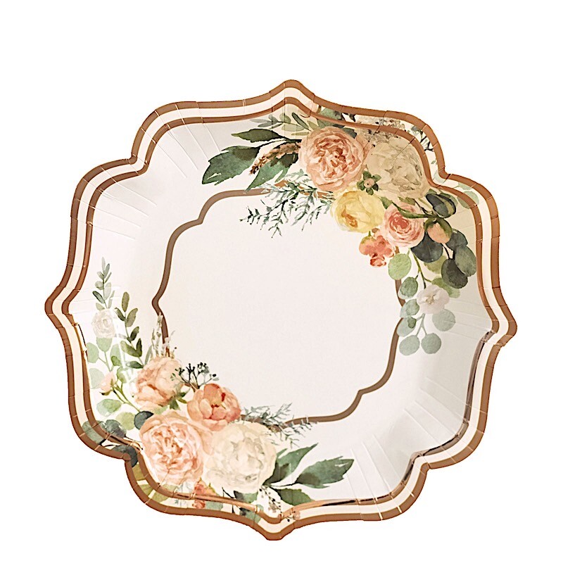 25 Floral Paper Salad Dinner Plates Rose Gold Scallop Rim Party Home Decoration