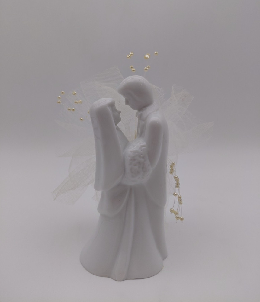 Porcelain Wedding Cake Topper Figurine Bride Groom White Lace w/Beads 6 Inch