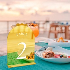 Arch Wedding Table Numbers 1-20 with Stands – 5″ X 7″ Acrylic Mirrored Gold T…