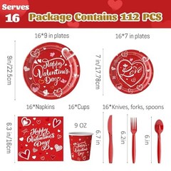 112PCS Valentine’s Day Heart Party Plates Supplies Love Heart Party Red