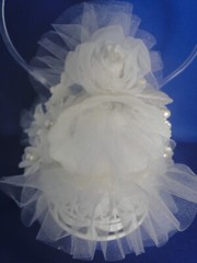 New Elegant Wedding Caketop, white bell, shimmer white floral, heart back #251