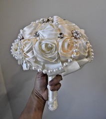 Handmade Satin Rose Ribbon Wedding Bouquet Artificial Bridal Pearls Beads Ivory