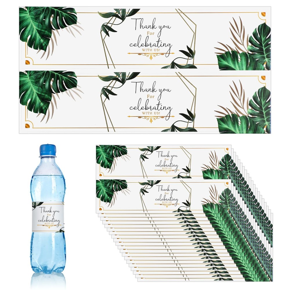 50pcs Wedding Water Bottle Labels, Leaves Waterproof M, Black, White, Green