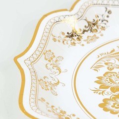 25 White 10″ Paper Dessert Plates GOLD Floral Print Scalloped Rim Party Events