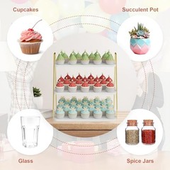 Cupcake Stand, 3-Tier Dessert Stand for 55 Cupcakes, Wood & Metal White & Gold