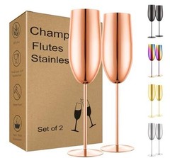 Stainless Steel Champagne Flutes Set of 2-Unbreakable Metal Long Rose Gold