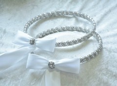 Crystal Pearl Greek Orthodox Wedding Stefana with 2-24″ Wedding Candles in White
